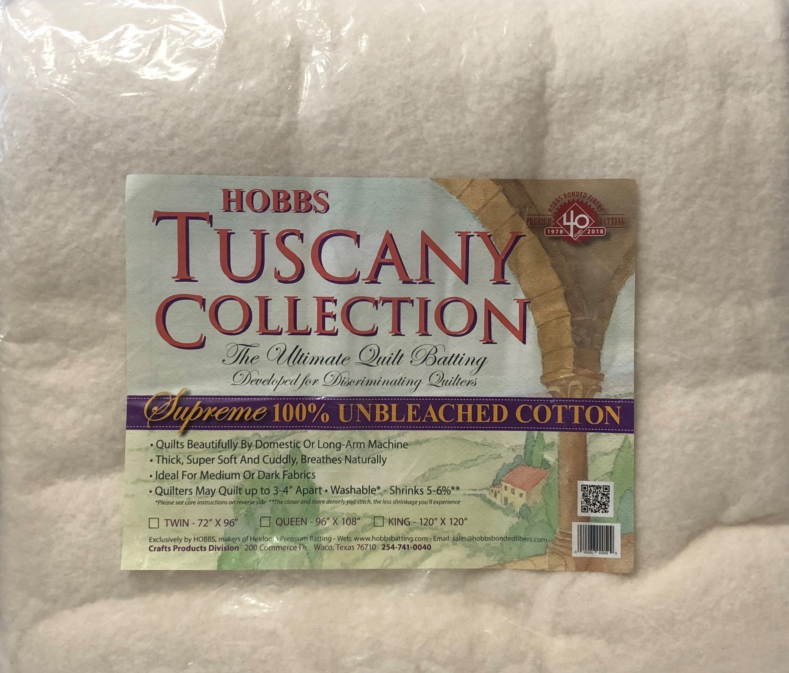 Hobbs Tuscany Supreme 100% Natural Cotton Batting Queen 96in x 108in