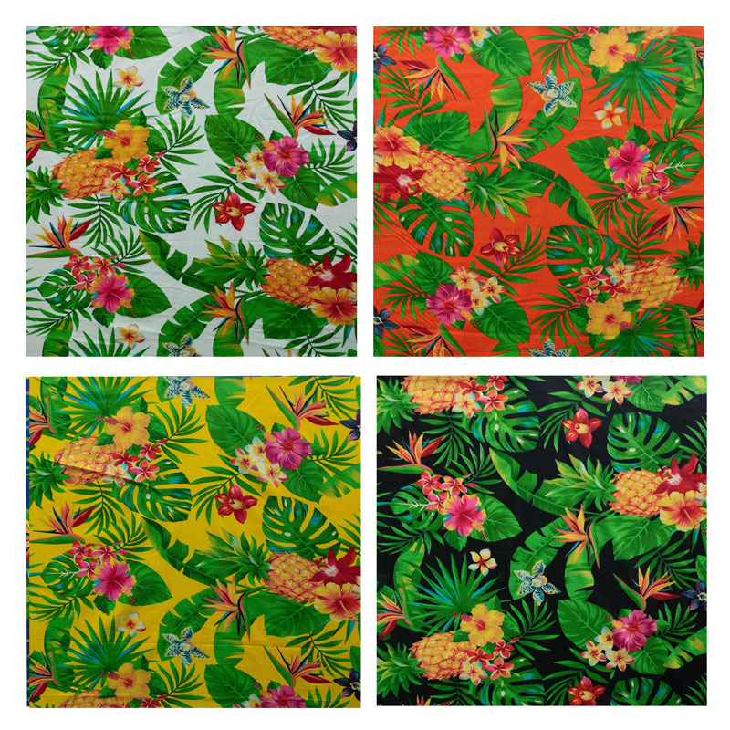 Pineapple/Tropical Flowers & Leaves Fabric | Cotton | Spandex Palace