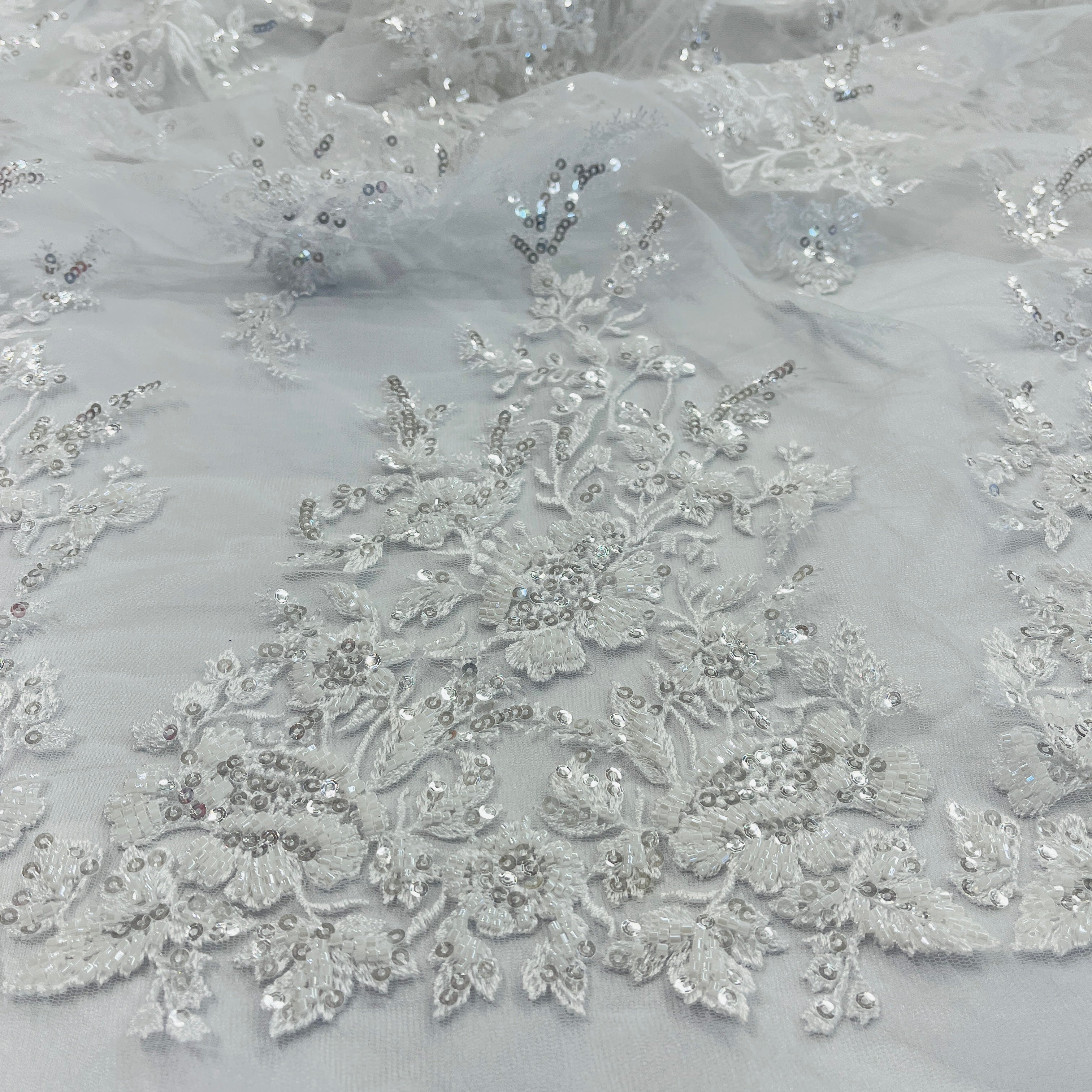 Beaded & Sequined Lace Fabric Embroidered on 100% Polyester Net Mesh | Lace USA - GD-12827