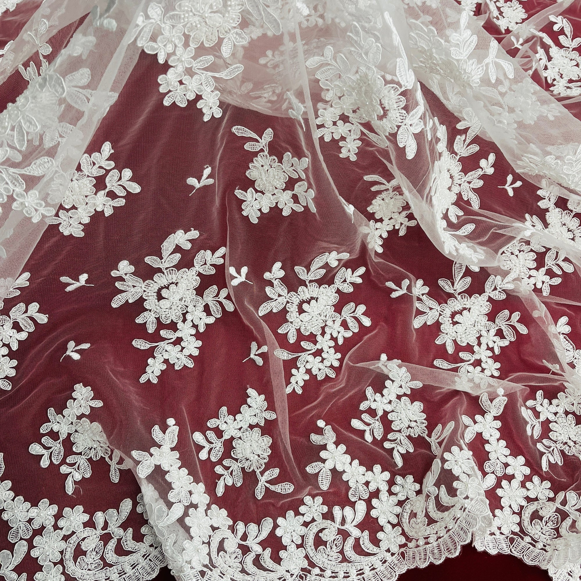 Beaded & Corded Lace Fabric – Floral Design with Scalloped Edges | Lace USA - 91436W-BP