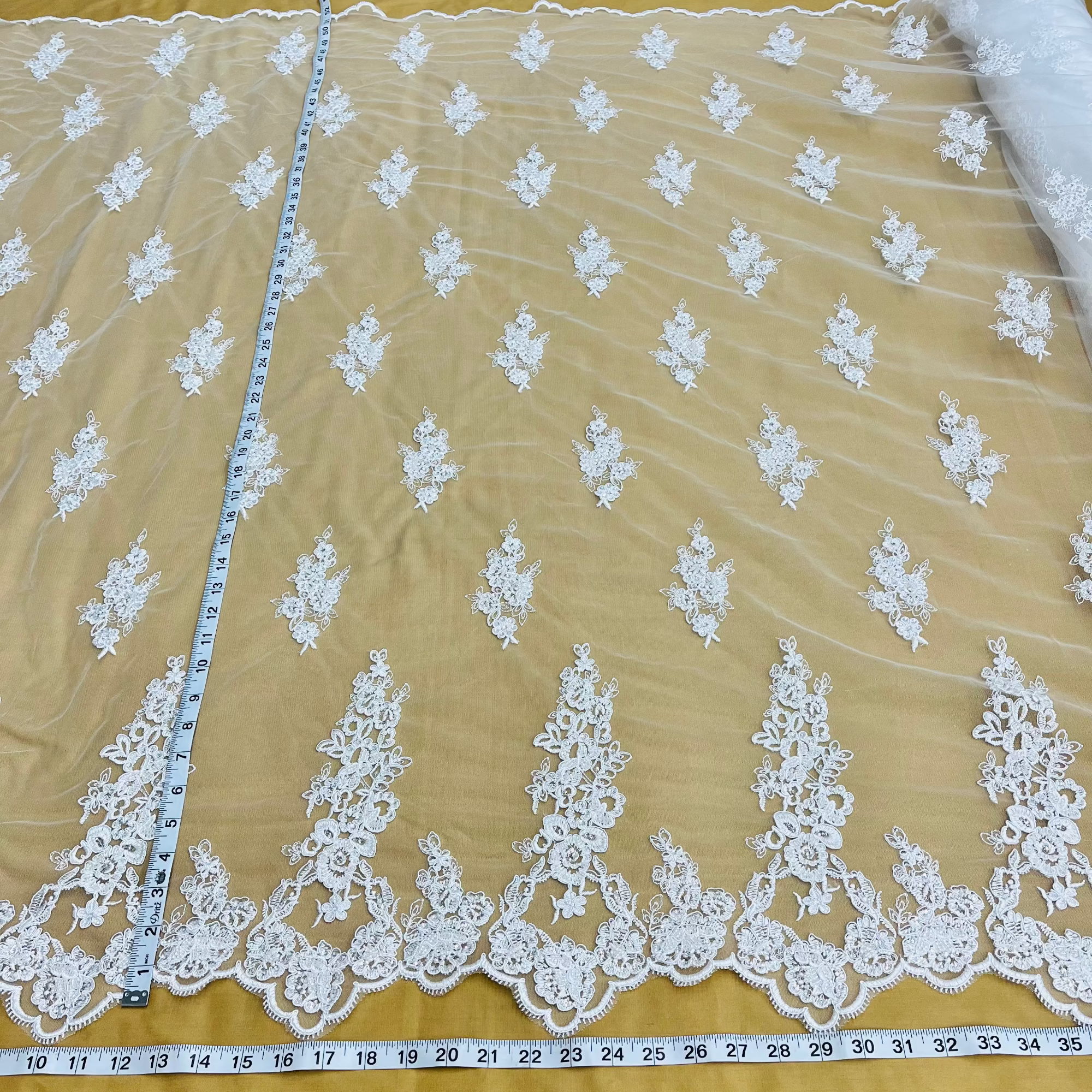 Beaded & Corded Floral Bridal Lace Fabric with Scalloped Border on Net Mesh | Lace USA - 91443W-HB
