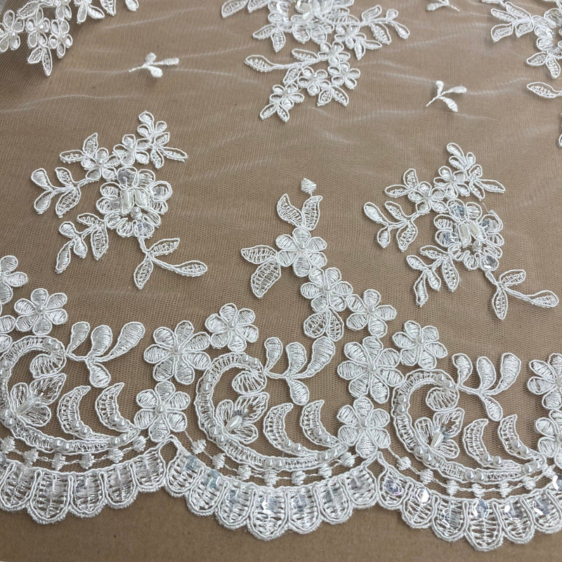 Beaded & Corded Bridal Lace Fabric Embroidered on 100% Polyester Net Mesh | Lace USA - 91436W-BP