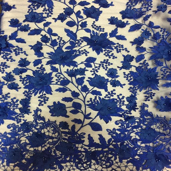 Royal Blue 3D Embroidered Satin Floral Pearl Lace Fabric