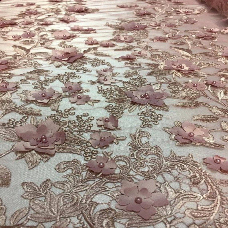 3D Embroidered Satin Floral Pearl Lace Fabric