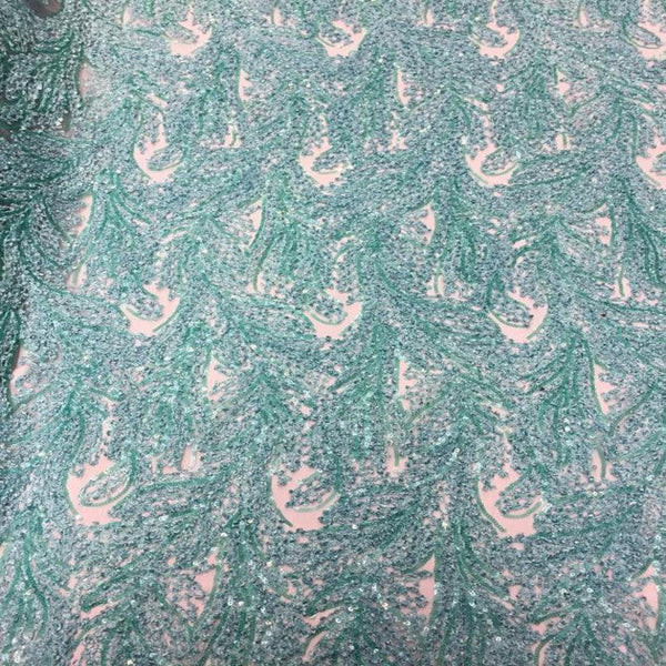 Mint Cozy Pop Thread Floral Sequins Lace Fabric