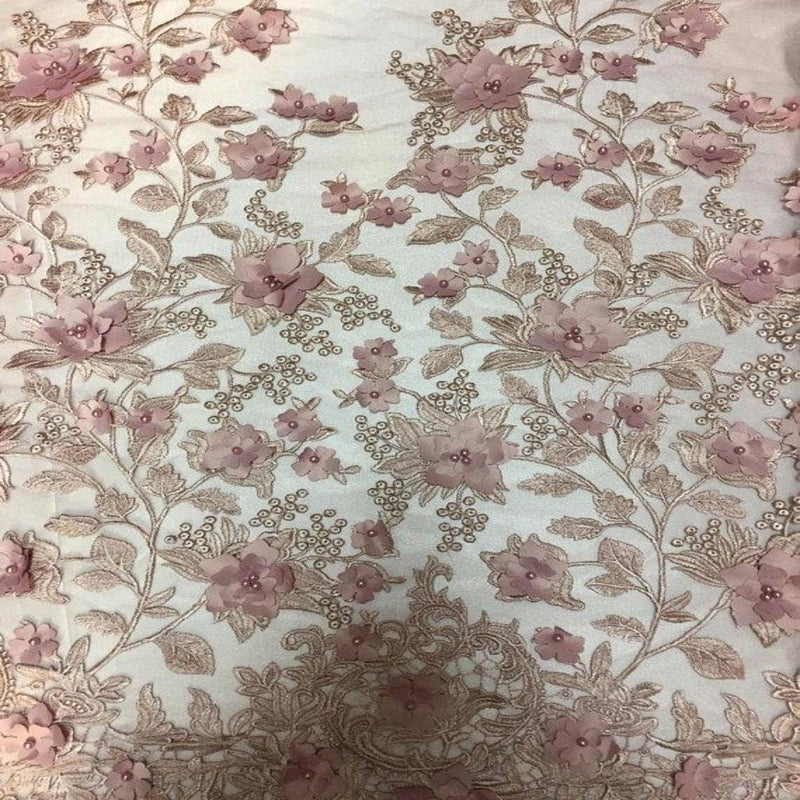 Dusty Rose 3D Embroidered Satin Floral Pearl Lace Fabric