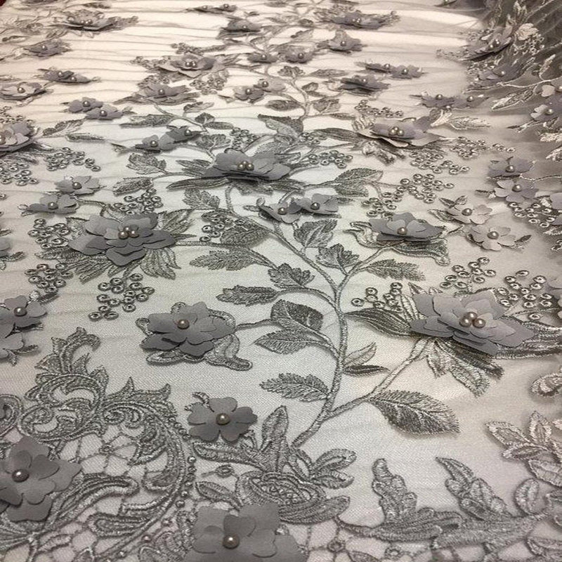 Gray 3D Embroidered Satin Floral Pearl Lace Fabric