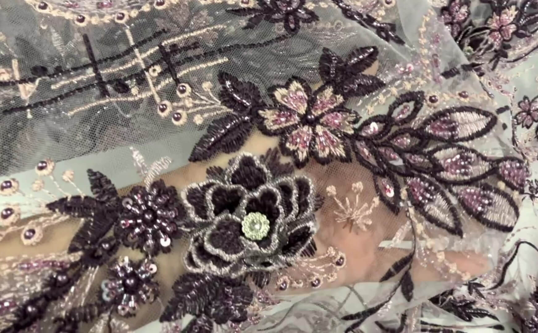 Beaded & Rhinestone 3D Floral Lace Fabric Embroidered on 100% Polyester Net Mesh | Lace USA - GD-2266