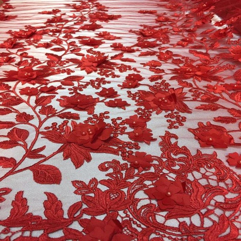 Red 3D Embroidered Satin Floral Pearl Lace Fabric