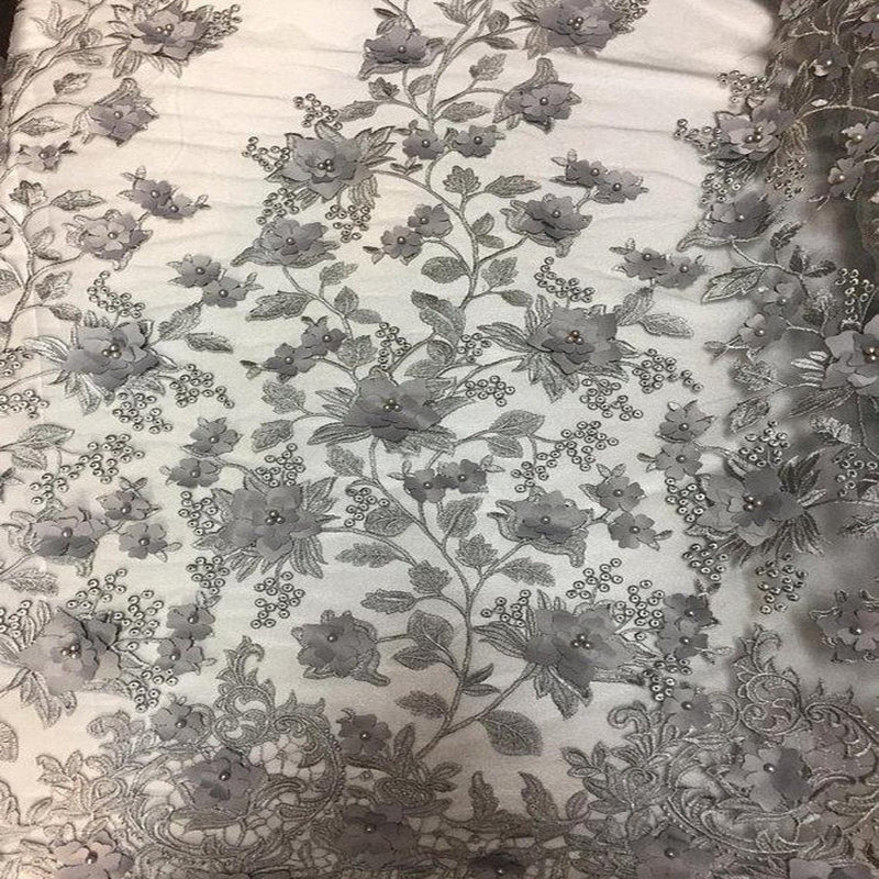 Gray 3D Embroidered Satin Floral Pearl Lace Fabric