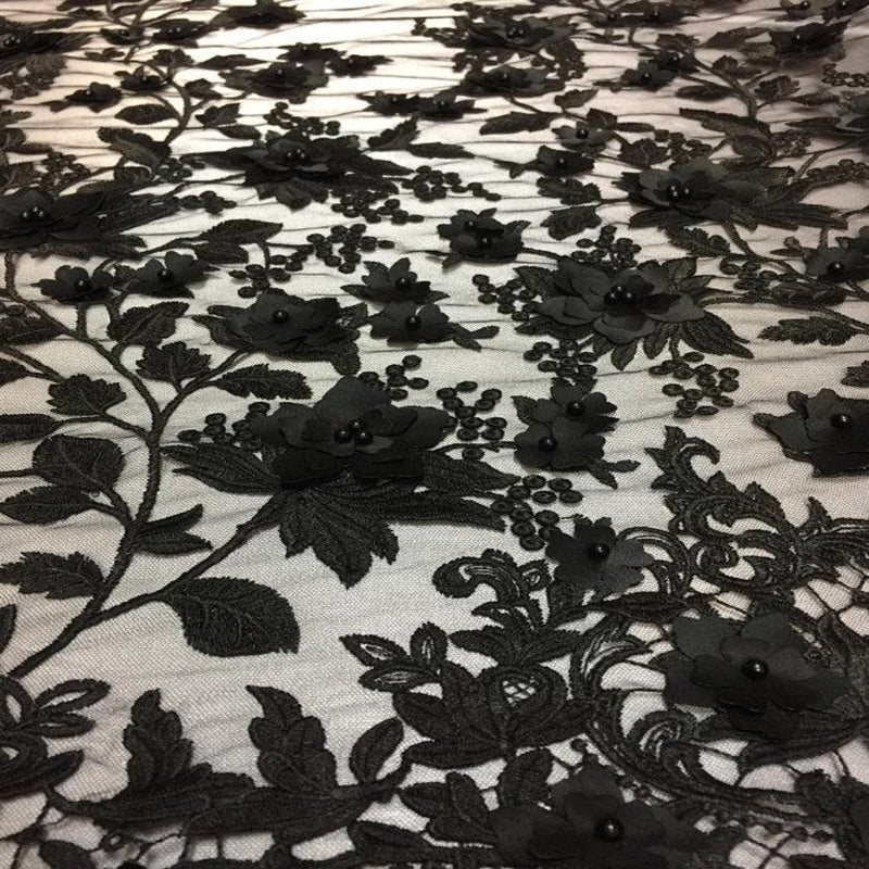 Black 3D Embroidered Satin Floral Pearl Lace Fabric