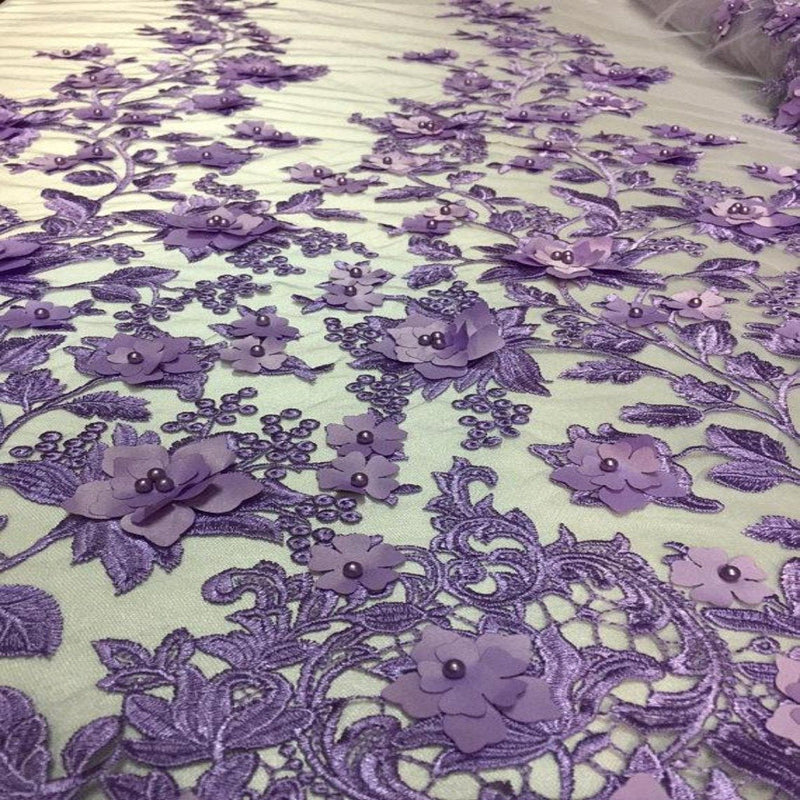 3D Embroidered Satin Floral Pearl Lace Fabric