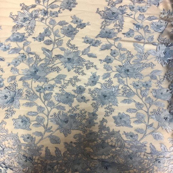 Baby Blue 3D Embroidered Satin Floral Pearl Lace Fabric