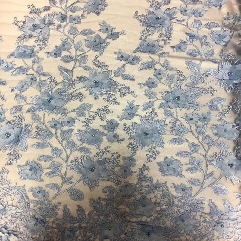 3D Embroidered Satin Floral Pearl Lace Fabric