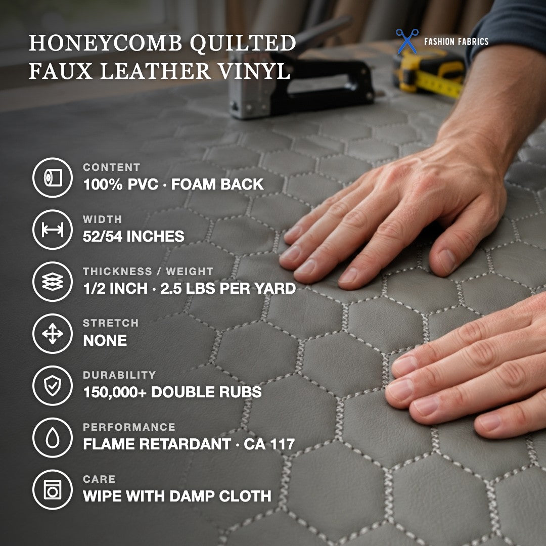 Honeycomb Hexagon Quilted Foam Backed Faux Leather Vinyl Fabric