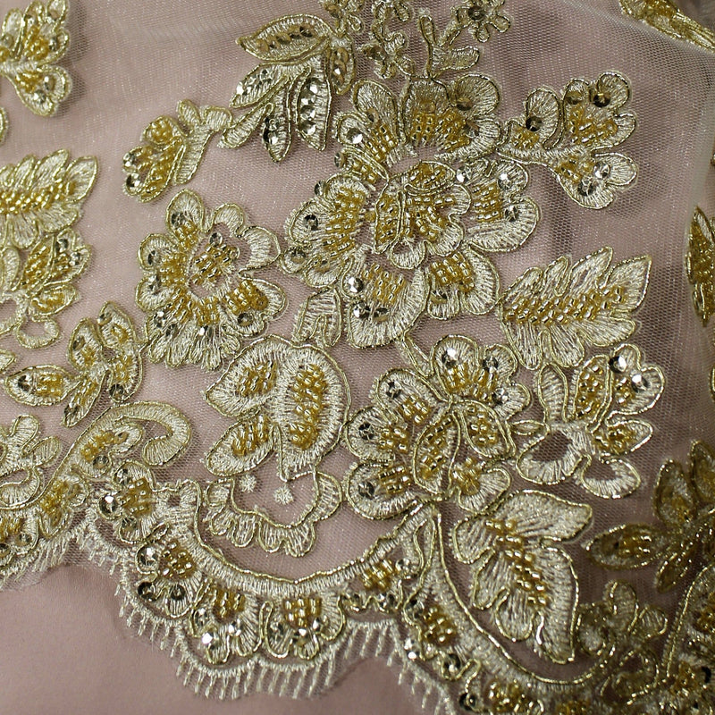 Beaded & Corded Bridal Lace Fabric Embroidered on 100% Polyester Net Mesh | Lace USA - 95409W-HB