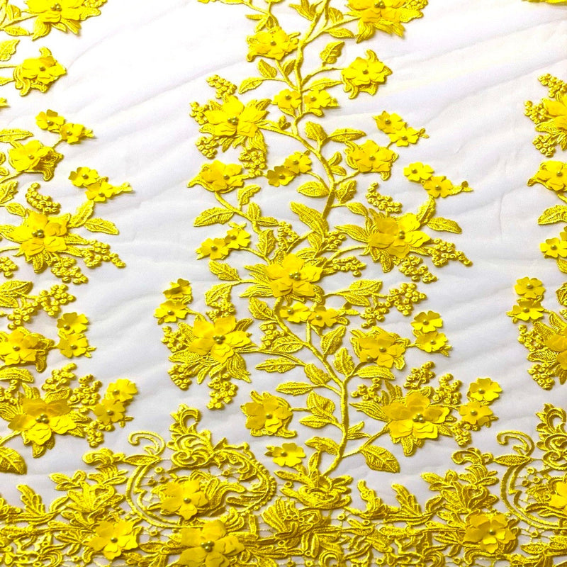 Yellow 3D Embroidered Satin Floral Pearl Lace Fabric