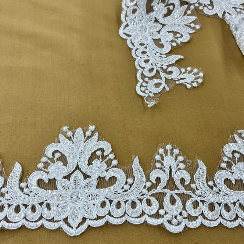 Beaded & Corded Floral Lace Trimming Embroidered on 100% Polyester Net Mesh | Lace USA - 97215W-SB