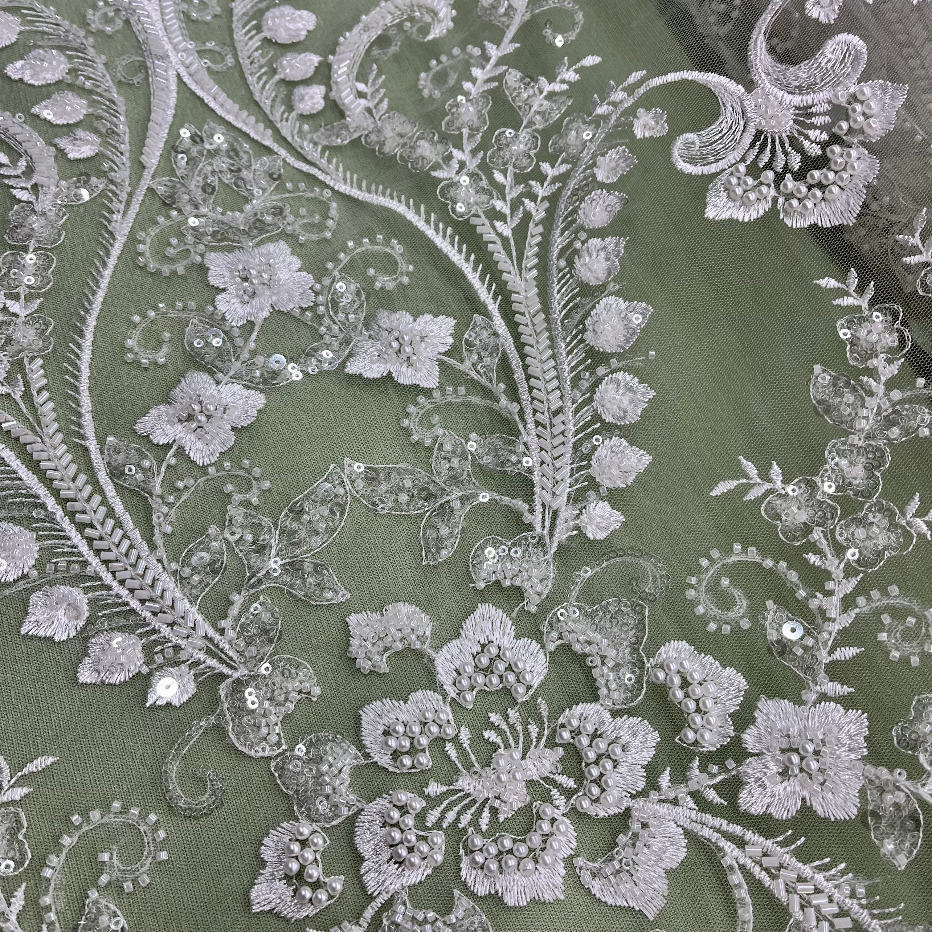 Beaded Lace Fabric Embroidered on 100% Polyester Net Mesh | Lace USA - GD-220702
