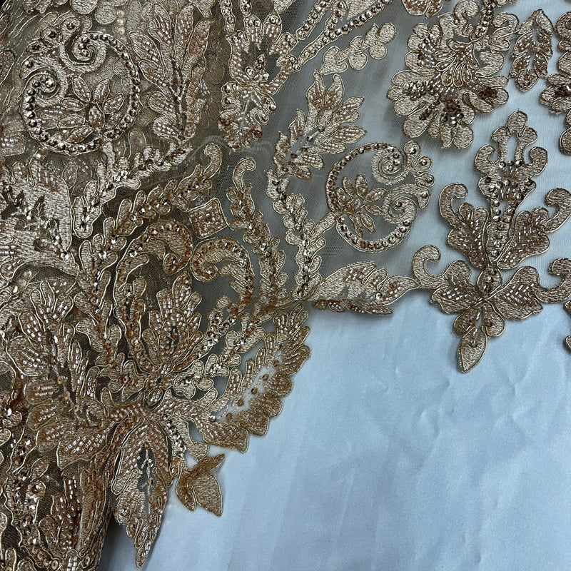 Beaded & Corded Bridal Lace Fabric Embroidered on 100% Polyester Net Mesh | Lace USA - 96996W-HB