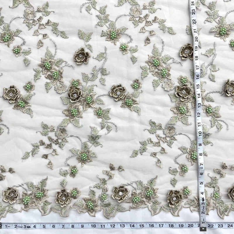 Beaded 3D Floral Lace Fabric Embroidered on 100% Polyester Net Mesh | Lace USA - GD-417