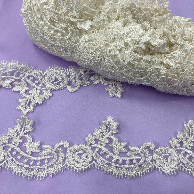 Corded Lace Trimming Embroidered on 100% Polyester Net Mesh | Lace USA - 95375W/1