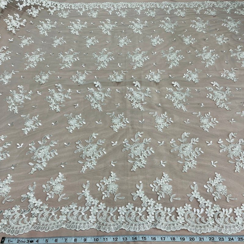 Beaded & Corded Bridal Lace Fabric Embroidered on 100% Polyester Net Mesh | Lace USA - 91436W-BP