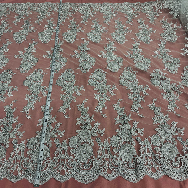 Beaded & Corded Bridal Lace Fabric Embroidered on 100% Polyester Net Mesh | Spandex Palace