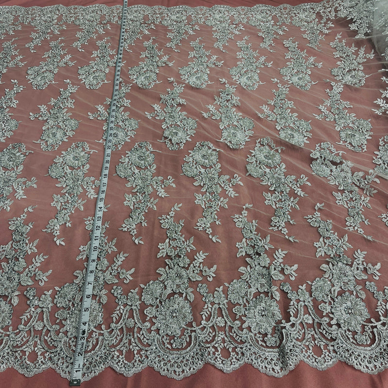 Beaded & Corded Bridal Lace Fabric Embroidered on 100% Polyester Net Mesh | Lace USA - 96989W-HB