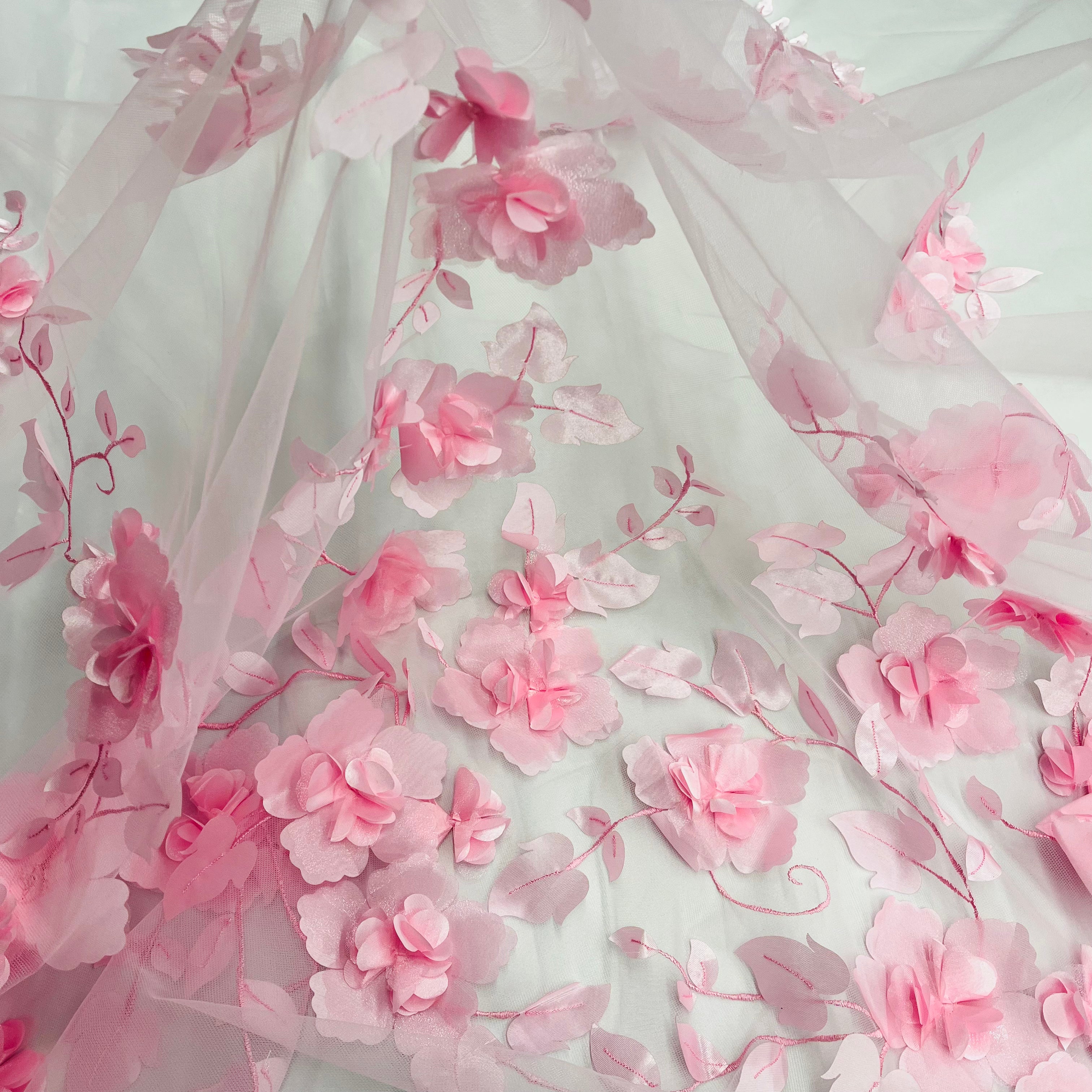 3D Floral Lace Fabric Embroidered on 100% Polyester Soft Tulle Net Mesh | Lace USA - GD-010