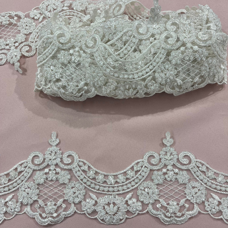 Beaded & Corded Lace Trimming Embroidered on 100% Polyester Net Mesh | Lace USA - 96333W/1-HB