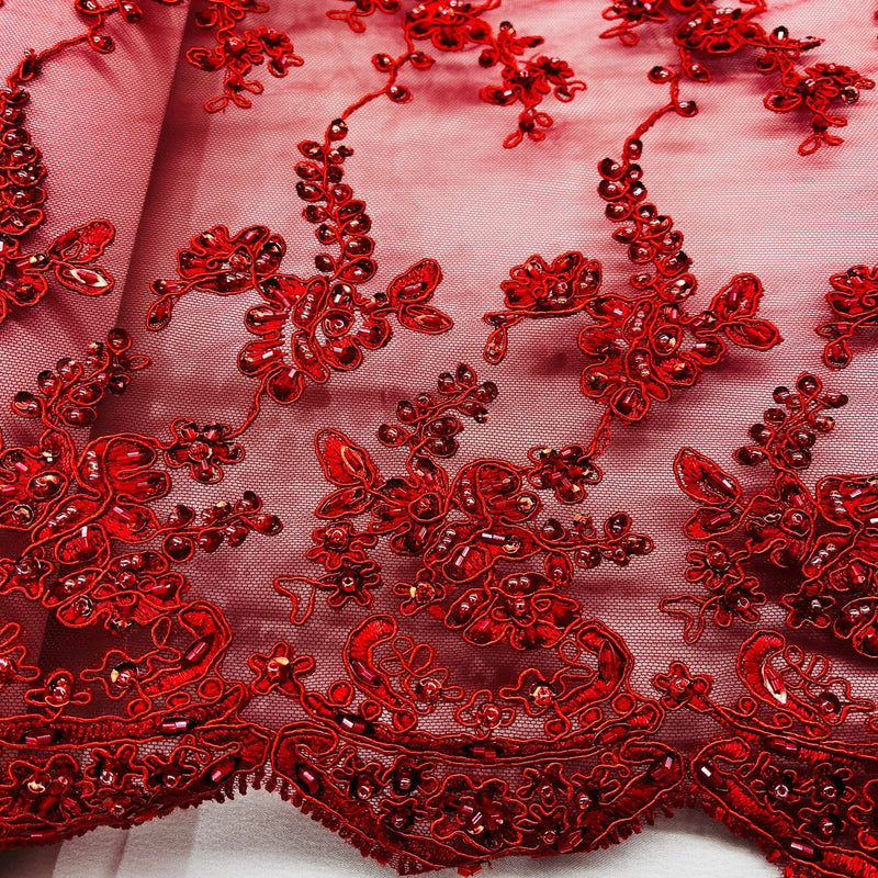 Beaded & Corded Lace Fabric Embroidered on 100% Polyester Net Mesh | Spandex Palace- GD-1819