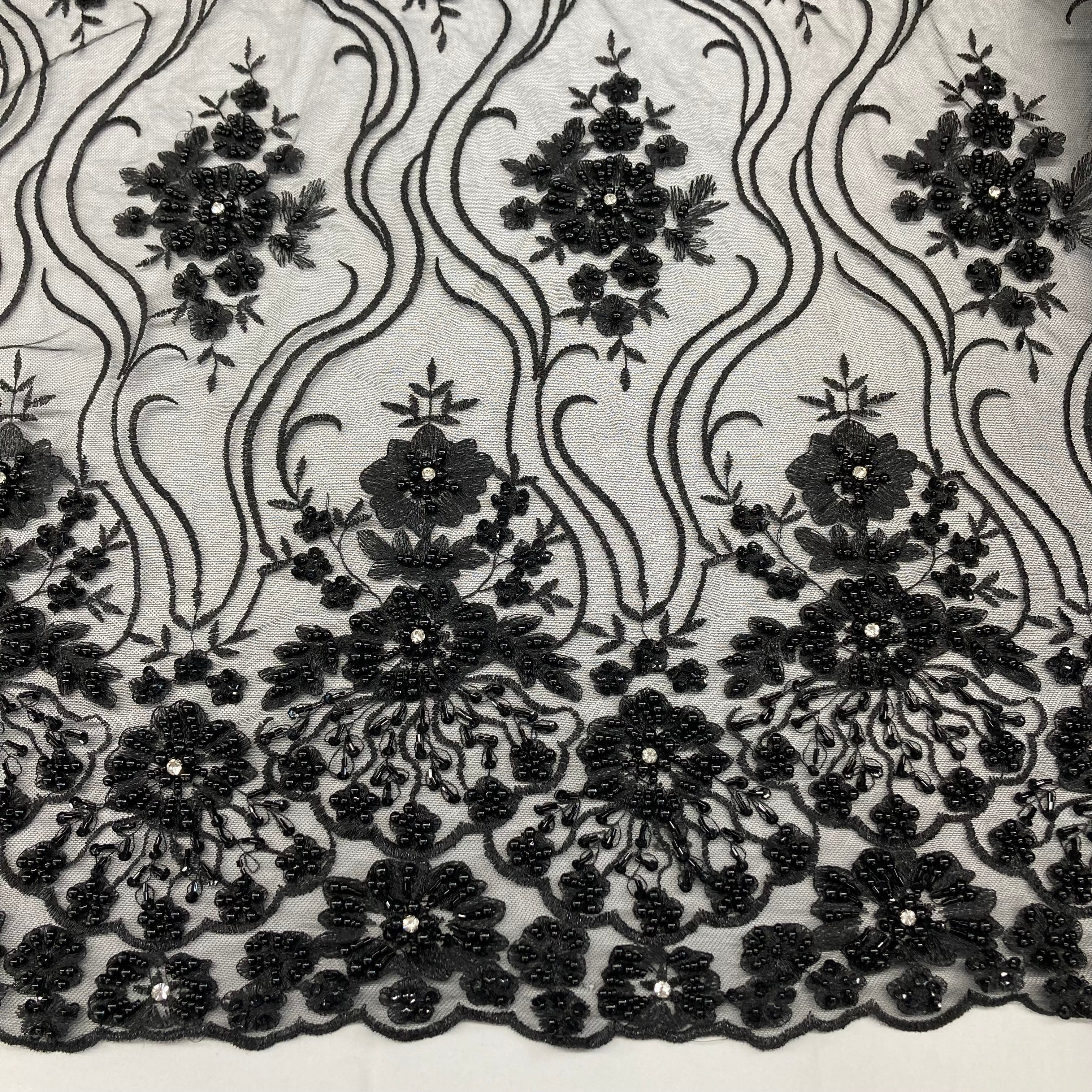 Beaded Lace Fabric Embroidered on 100% Polyester Net Mesh | Lace USA - GD-18615