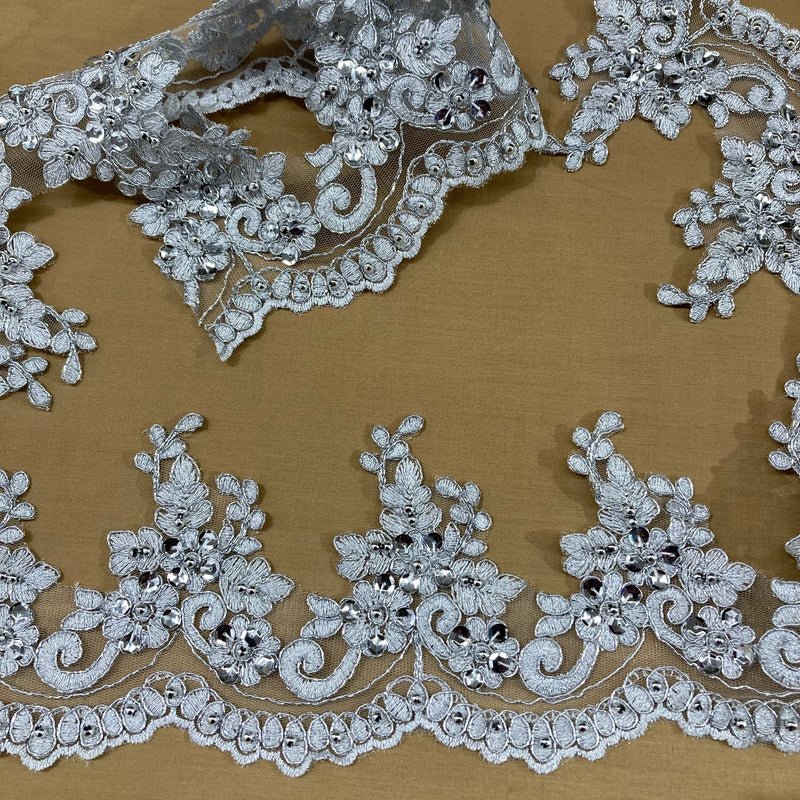 Beaded & Corded Lace Trimming Embroidered on 100% Polyester Net Mesh | Lace USA - 96988W-BP