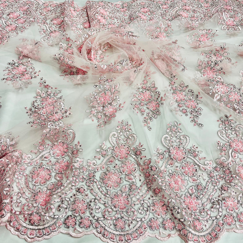 Beaded Corded Lace Fabric With Scallops Embroidered on 100% Poly Metallic | Lace USA - GD-1245