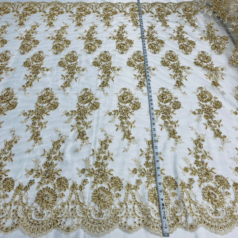 Beaded & Corded Bridal Lace Fabric Embroidered on 100% Polyester Net Mesh | Spandex Palace