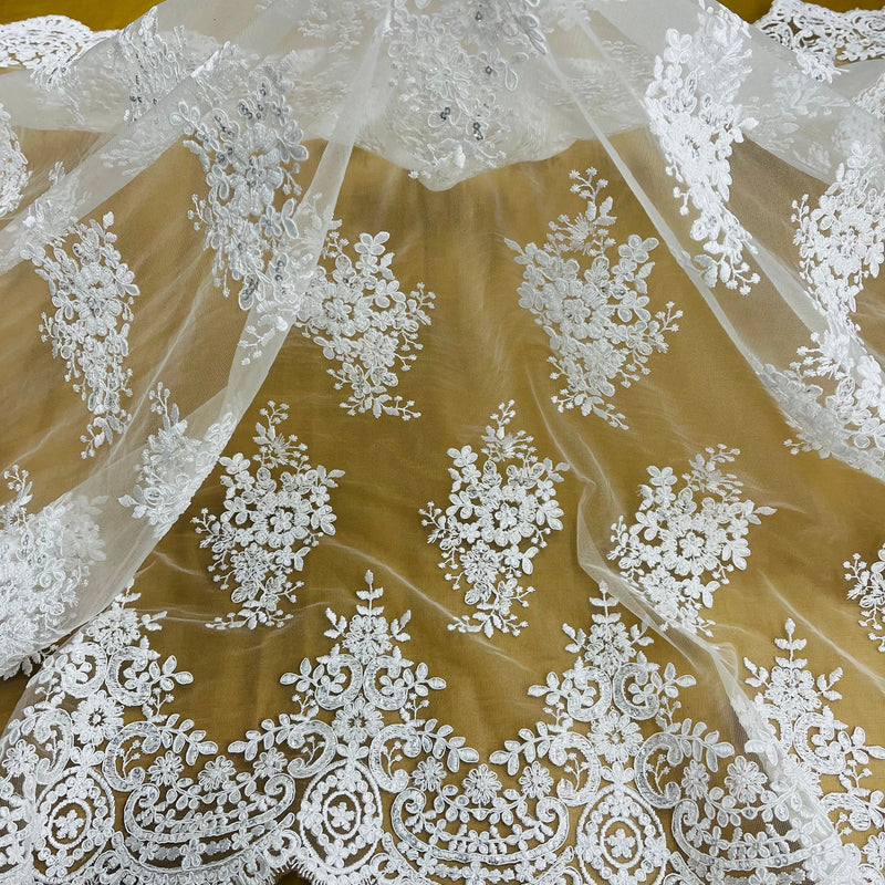 Beaded & Corded Lace Fabric Embroidered on 100% Polyester Net Mesh | Lace USA - 97019W-HB