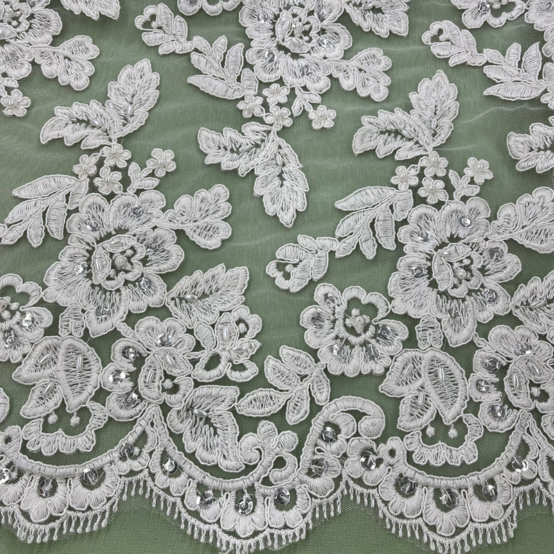 Beaded & Corded Bridal Lace Fabric Embroidered on 100% Polyester Net Mesh | Lace USA - 95409W-HB