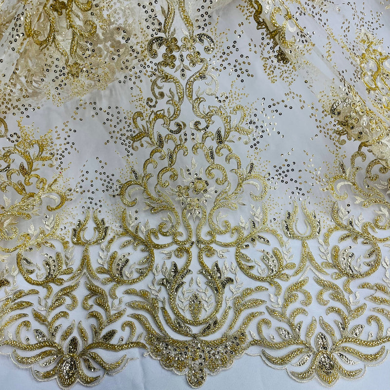 Beaded & Corded Bridal Lace Fabric Embroidered on 100% Polyester Net Mesh | Lace USA - GD-12266