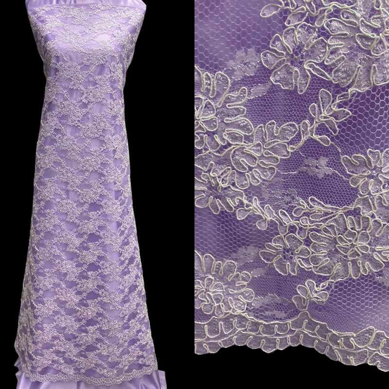 Corded Bridal Lace Fabric Embroidered on 100% Polyester Net Mesh | Lace USA - 95994W