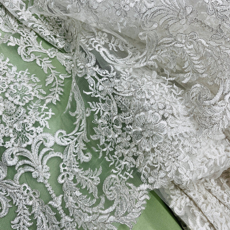 Corded Bridal Lace Fabric Embroidered on 100% Polyester Net Mesh | Lace USA - 97136W