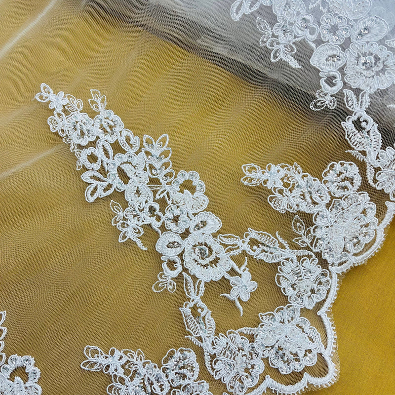 Beaded & Corded Bridal Lace Fabric Embroidered on 100% Polyester Net Mesh | Lace USA - 91443W-HB