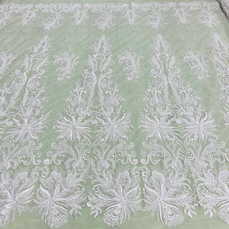 Beaded Lace Fabric Embroidered With Fuzzy Thread on 100% Polyester Net Mesh | Lace USA - GD-12264