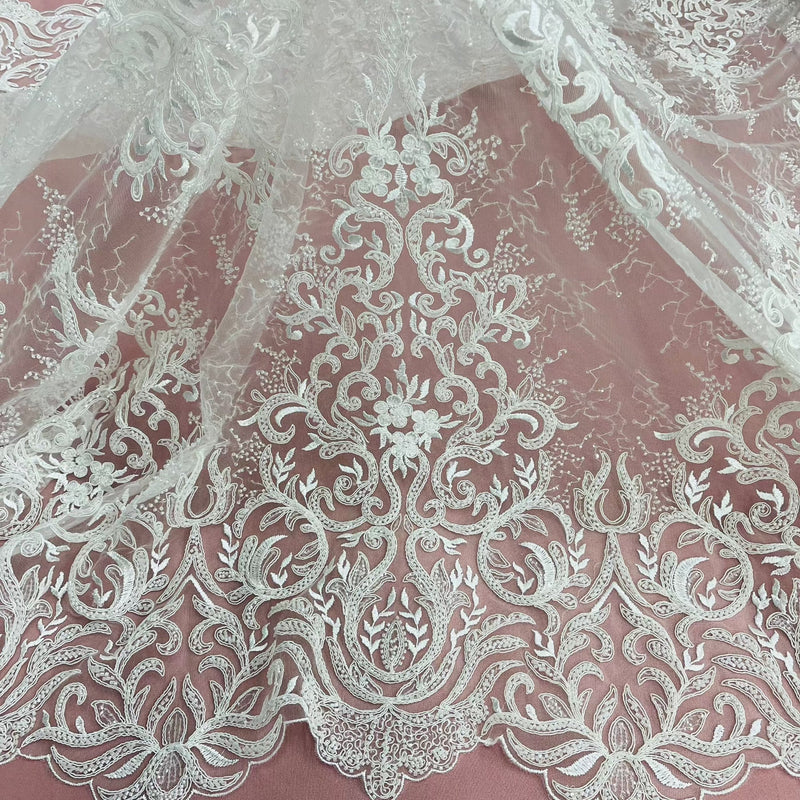 Beaded & Corded Bridal Lace Fabric Embroidered on 100% Polyester Net Mesh | Lace USA - GD-12266