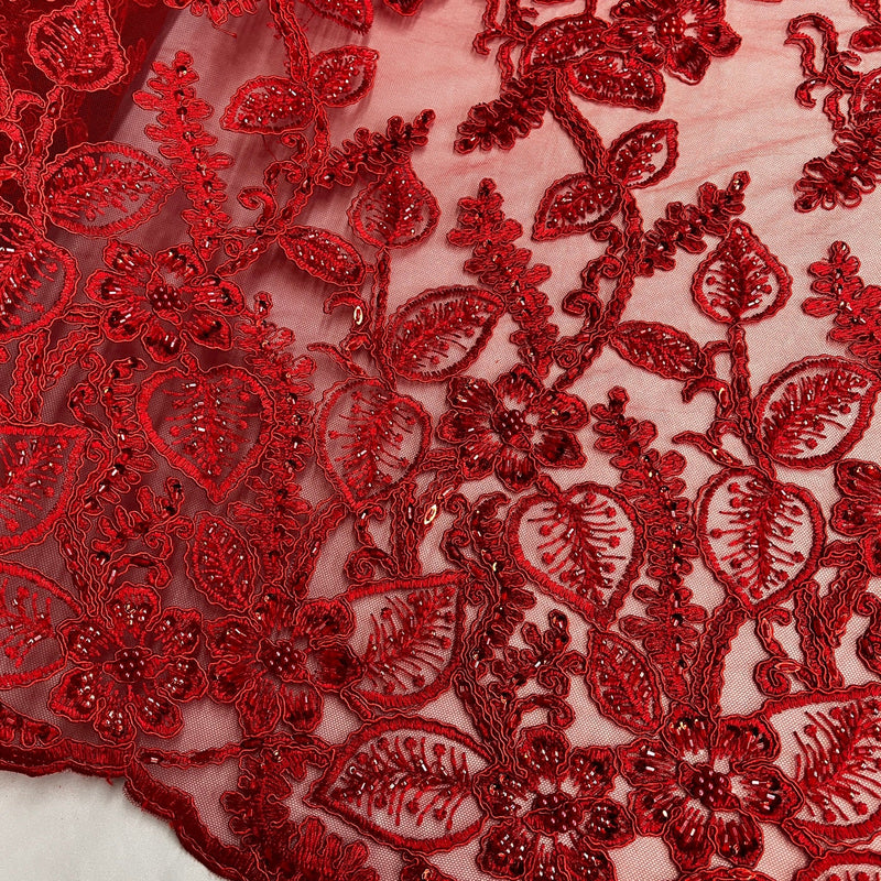 Beaded & Corded Lace Fabric Embroidered on 100% Polyester Net Mesh | Lace USA - GD-1823