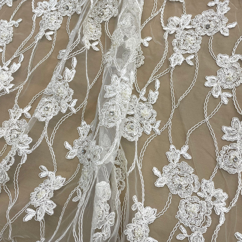 Beaded & Corded Bridal Fabric Lace Embroidered on 100% Polyester Net Mesh | Lace USA - GD-381