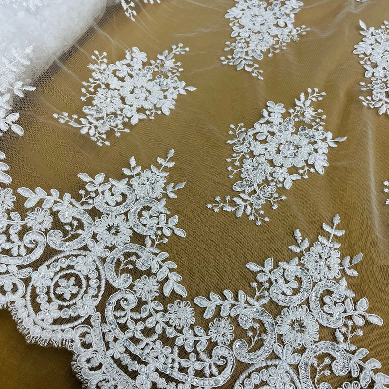 Beaded & Corded Lace Fabric Embroidered on 100% Polyester Net Mesh | Lace USA - 97019W-HB