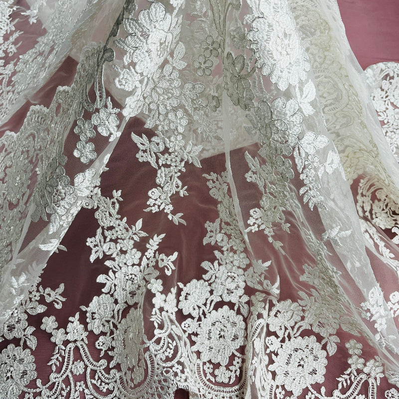 Corded Bridal Lace Fabric Embroidered on 100% Polyester Net Mesh | Lace USA - 96874W