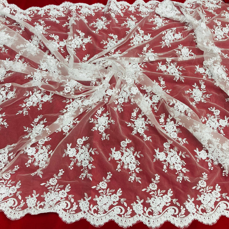 Corded Bridal Lace Fabric Embroidered on 100% Polyester Net Mesh | Lace USA - 96517W