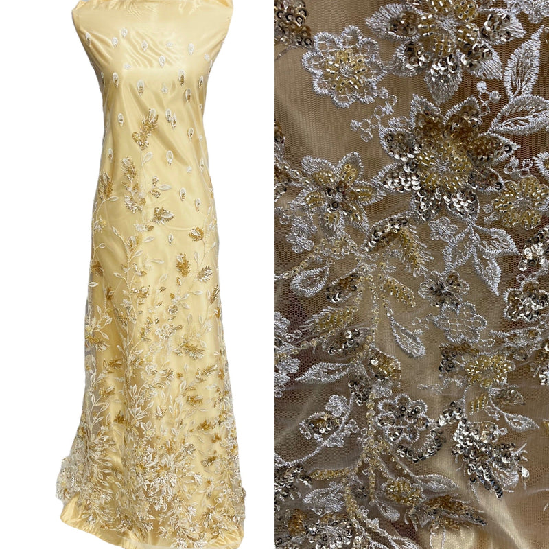 Beaded & Sequined Lace Fabric Embroidered on 100% Polyester Net Mesh | Lace USA - GD-67613